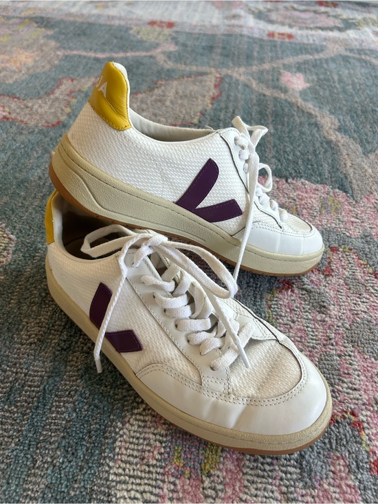 Veja Shoes - Veja V-12 White Leather Sneakers with Purple V and Yellow Heel Tab